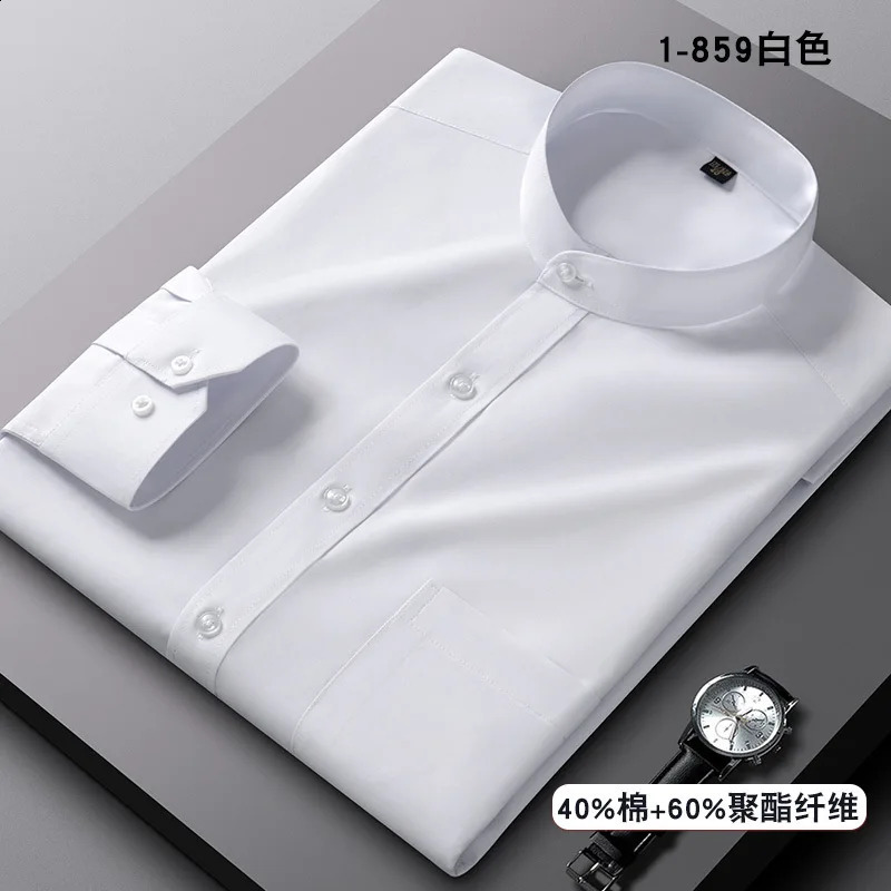 Stand up collar mens long sleeved Chinese Tang style dress breathable wrinkle resistant easy to care for business casual dress 250327