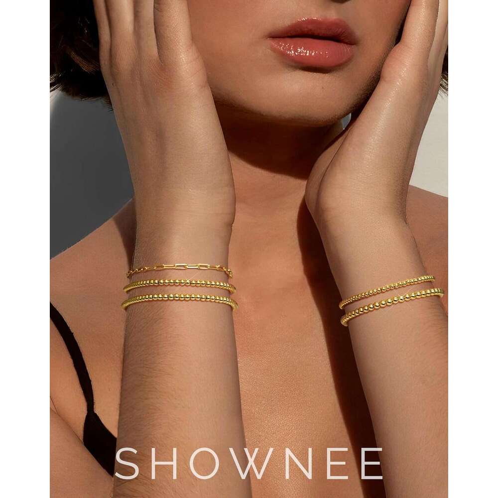 Beaded for Women 14K Plated Gold Stretch Bead Ball Bracelets Hypoallergenic Stackable Bracelet Set