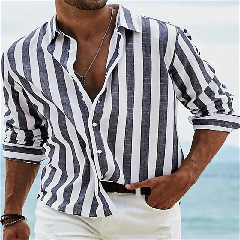 Mens Long Sleeve Blue Stripe Printed Mens Social Mens Hawaiian Elegant Classic Fashion S-6XL 250328
