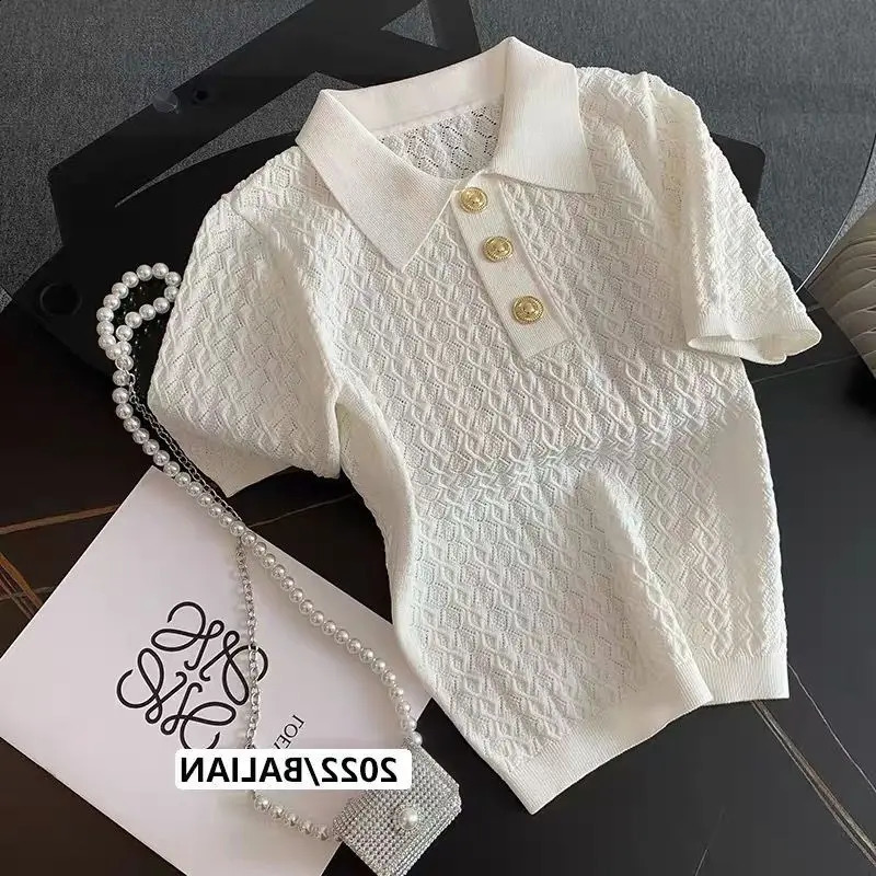 French High end Ice Silk Polo Shirt Women Summer Chic Thin Unique Jacquard Knitted Short Sleeve Loose White T-shirt Women Top250324