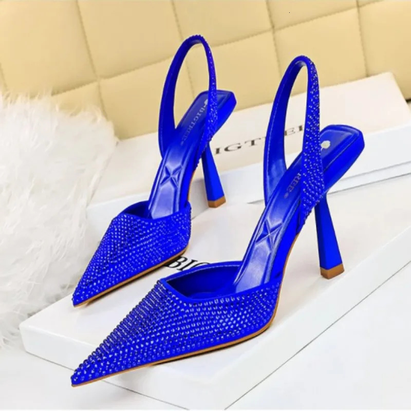 Gold Women Heels Sandals Summer Crystal Pointed Toe Female Stiletto African Party Rhinestone Shallow Slip on Heel Shoes 250328