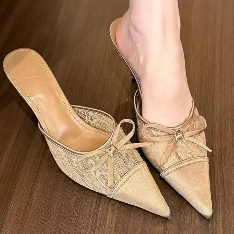 Womens Shoes Closed Toe Womens Slippers Fashion Butterfly-knot Dress Slippers Women Summer Solid Heels Women 250327