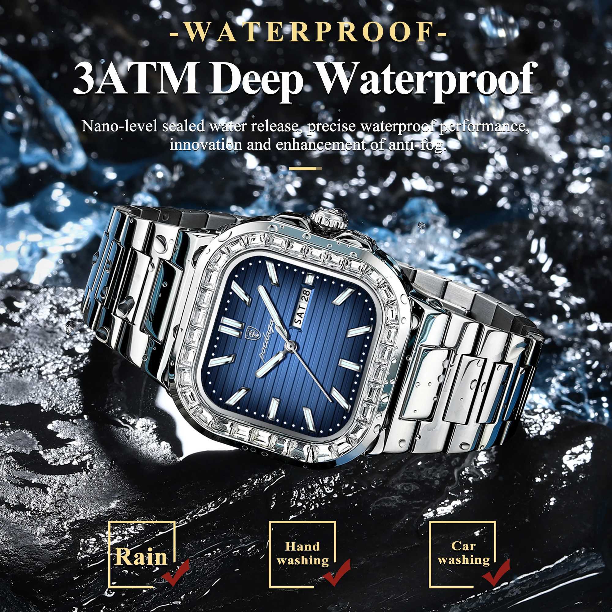 Poedagar Top Brand Luxury Mens Waterproof Luminous Date Week Mens Wrist Stainless Steel Square Quartz Mens Watch W250329