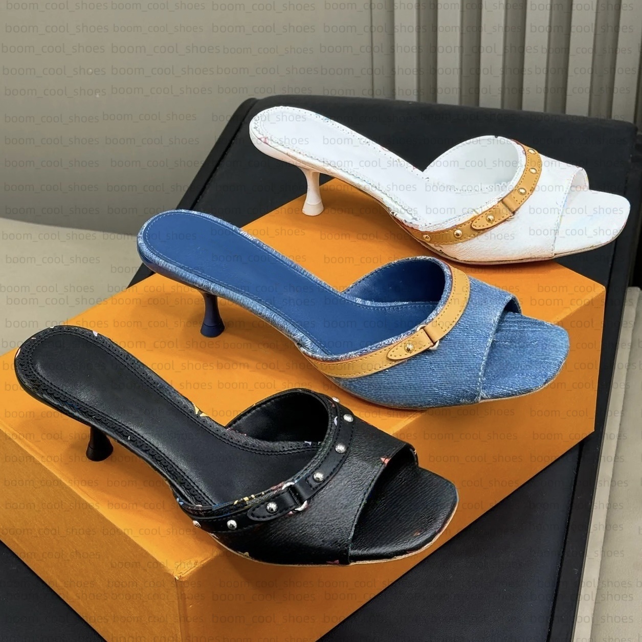 Women Sandal Revival Heel With box Designer Blue Denim Sandals Embroidered Printed Stiletto Heels Leather Round Toe Flip-Flops Summer Denim Mule Sandal High Heel