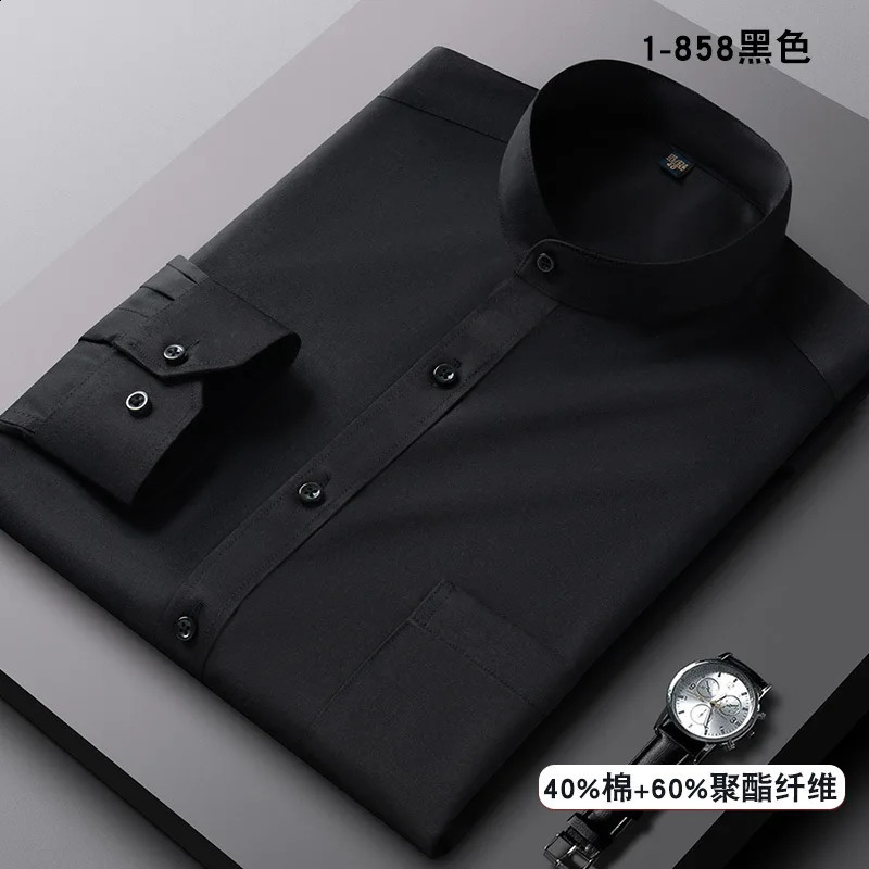 Stand up collar mens long sleeved Chinese Tang style dress breathable wrinkle resistant easy to care for business casual dress 250327