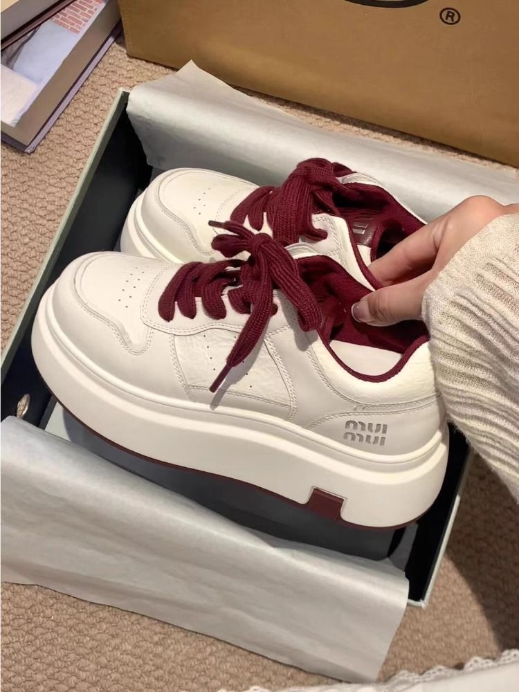 for Women: Anchor Red hot Leather Sneakers with Sponge Cake Sole - Thick, Soft & Height Increasing White Athletic Shoes