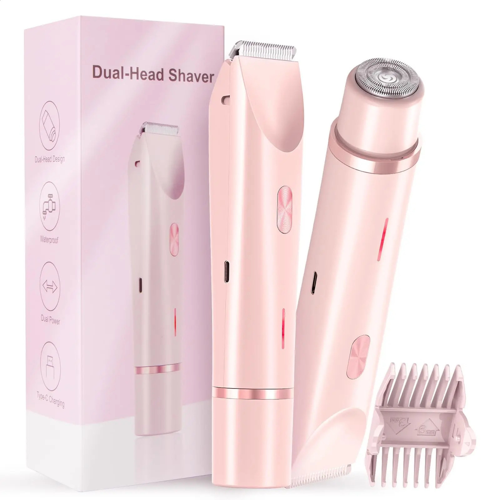 Electric Shaver for Women Waterproof Wet Dry Hair Razors 2 in 1 Double Head Dual Bikini Hair Trimmer Detachable Head Shaver 250326