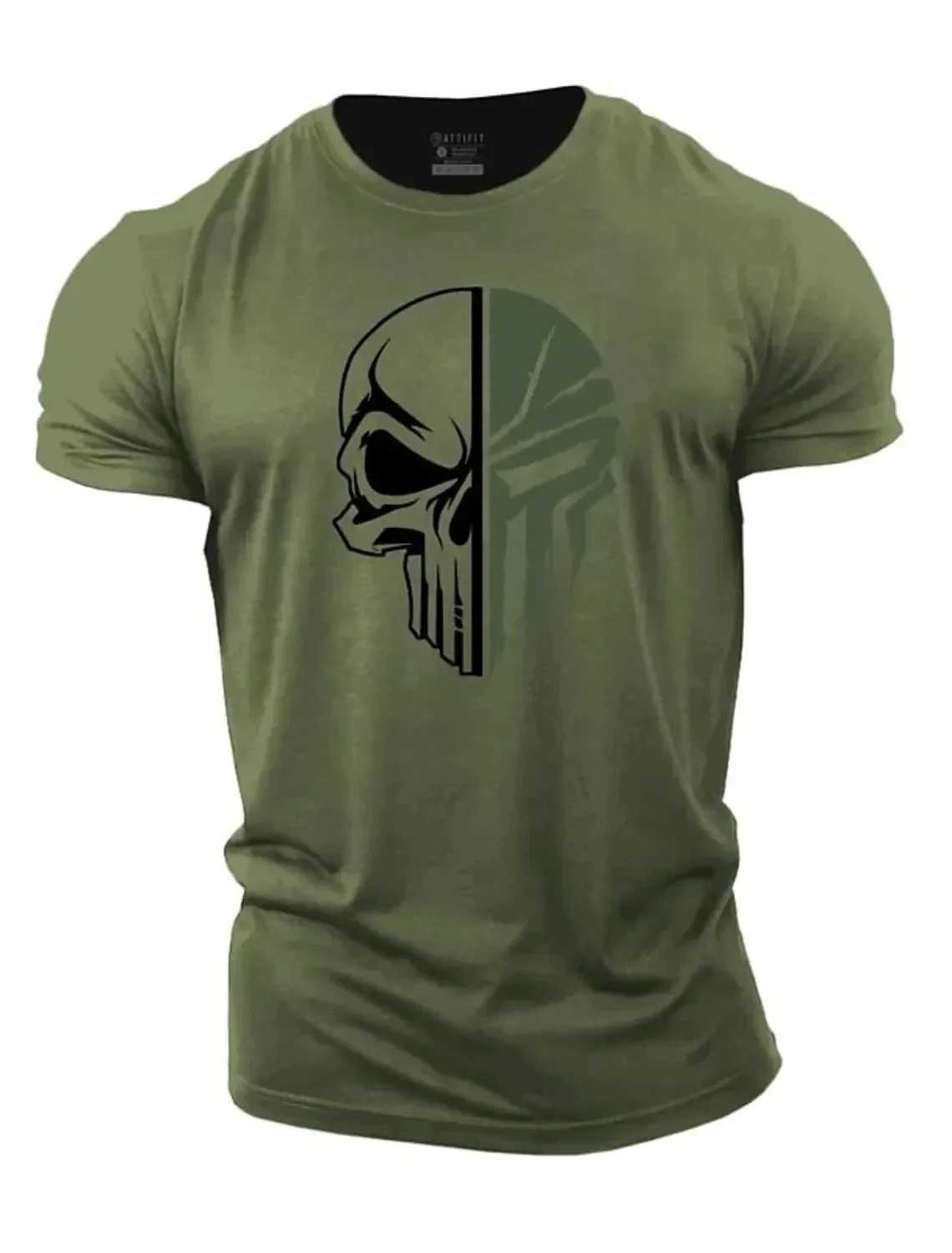 Cotton mens T-shirt printed military skull T-shirt oversized gym short sleeved sweatshirt mens clothing sports top W250329