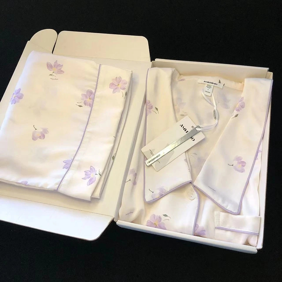 Ice Silk 2-piece Womens Pajamas Autumn Spring Womens Pajama Set Elegant Decorative Flower Home Wear Soft Pajamas 250326