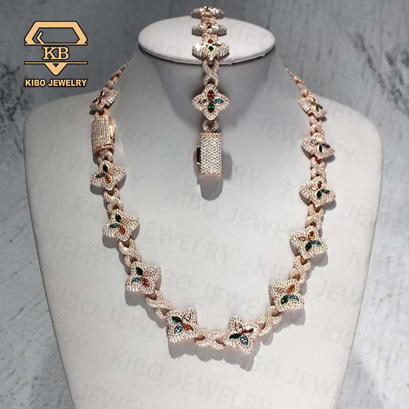 Hot Selling Clover Ice Chain New Tennis 4 Leaf Necklace 22mm Bracelet 925 Silver Moissanite Men Iced Out Hip Hop Chain