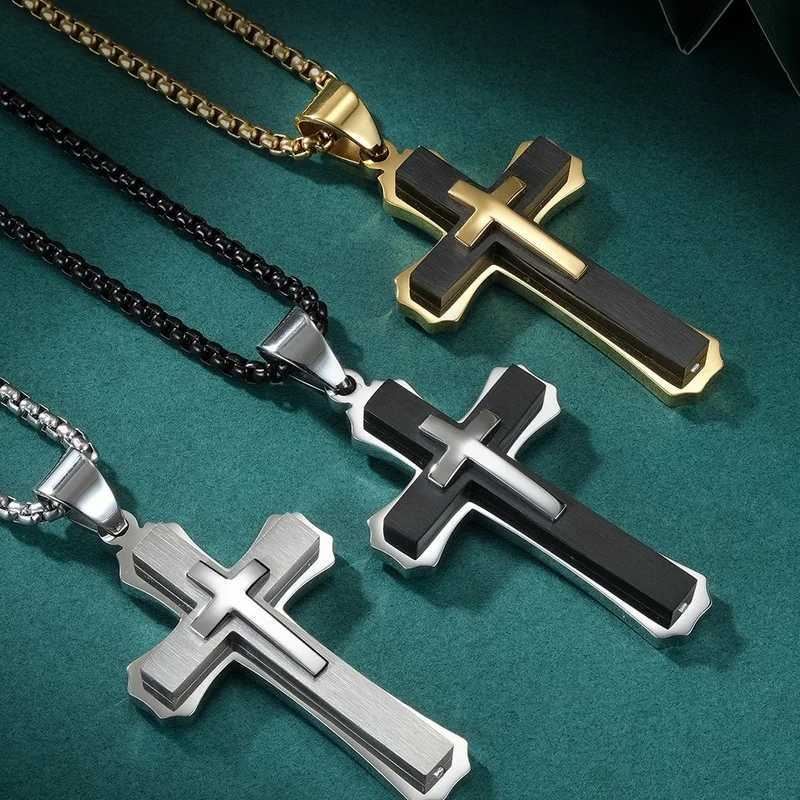 Creative Mens Double Stainless Steel Cross Necklace Hip Hop Necklace Mens Stainless Steel Jewelry Halloween Party Gift Y250329