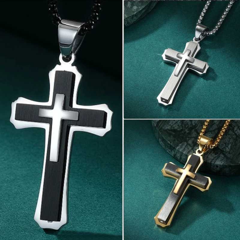Creative Mens Double Stainless Steel Cross Necklace Hip Hop Necklace Mens Stainless Steel Jewelry Halloween Party Gift Y250329