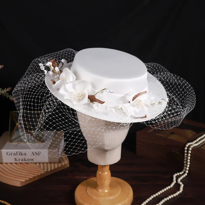wedding hat French black top hat mesh bridal white elegant bow vintage handmade flat hat chapeau femme luxe ceremonie mariage 250328