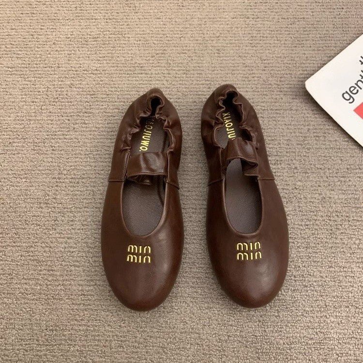 designer shoes 2025 Fashionable style comfortable soft leather wrinkled ballet flat shoes for women niche and versatile round-toe Mary Jane flat leath
