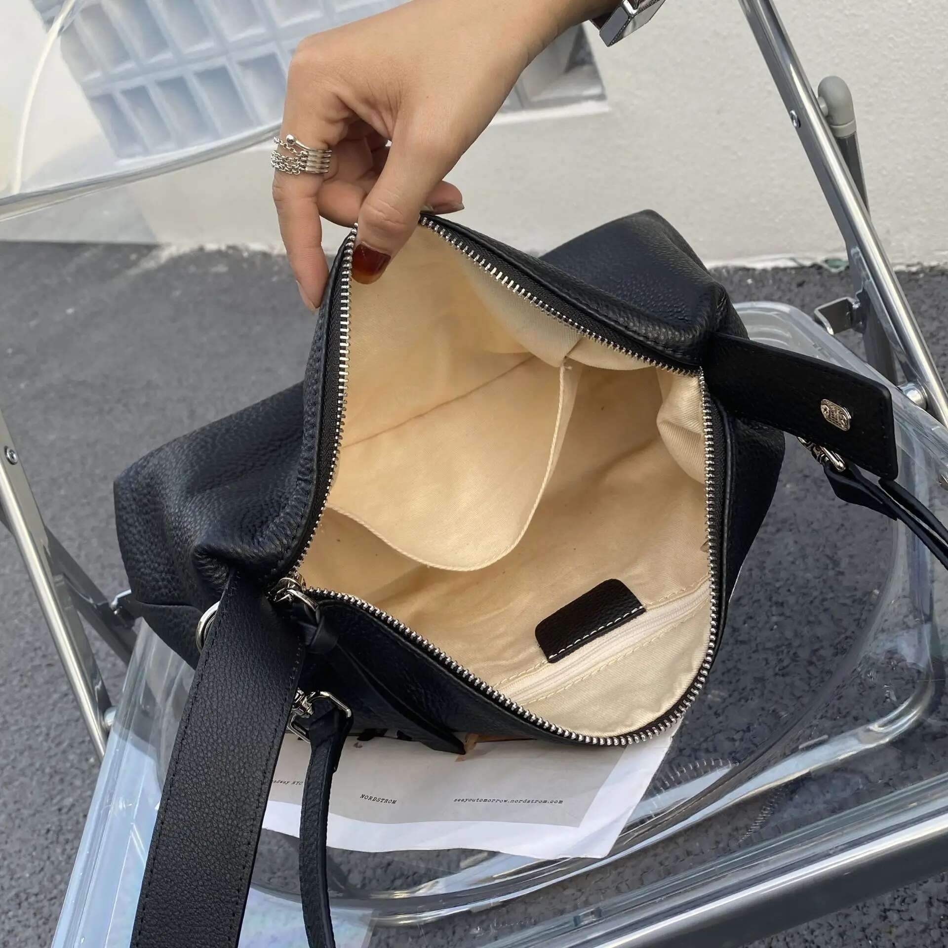 New Casual Large Capacity Soft Tote First Layer Cow Leather Women's Shoulder Bag Green Cowskin Half Moon Armpit Handbag
