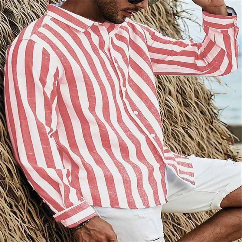Mens Long Sleeve Blue Stripe Printed Mens Social Mens Hawaiian Elegant Classic Fashion S-6XL 250328