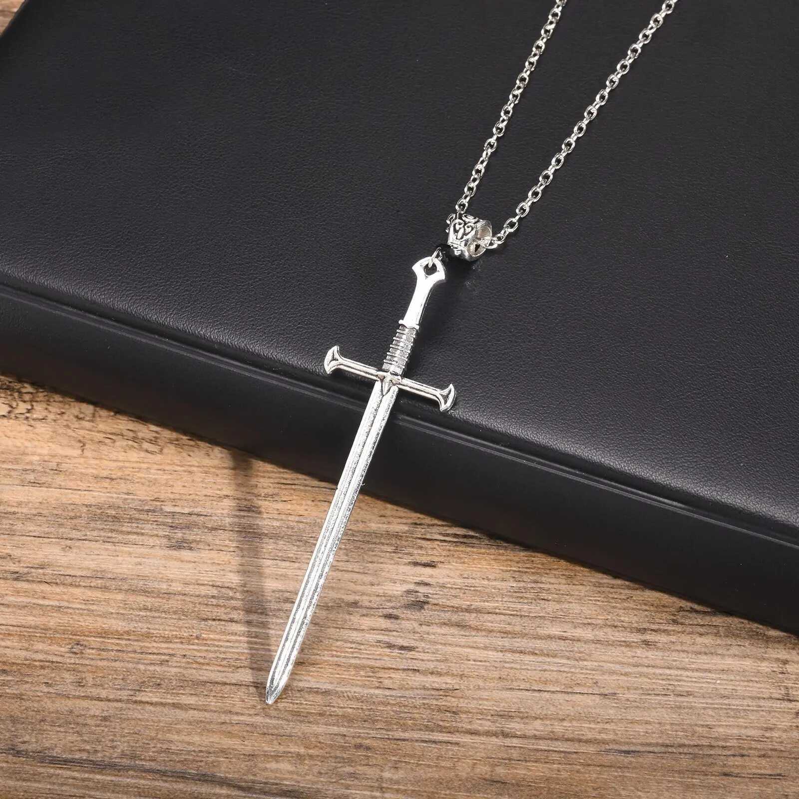 Mens punk stone sword cross pendant necklace retro Gothic long dagger knife necklace hip-hop jewelry Y250329