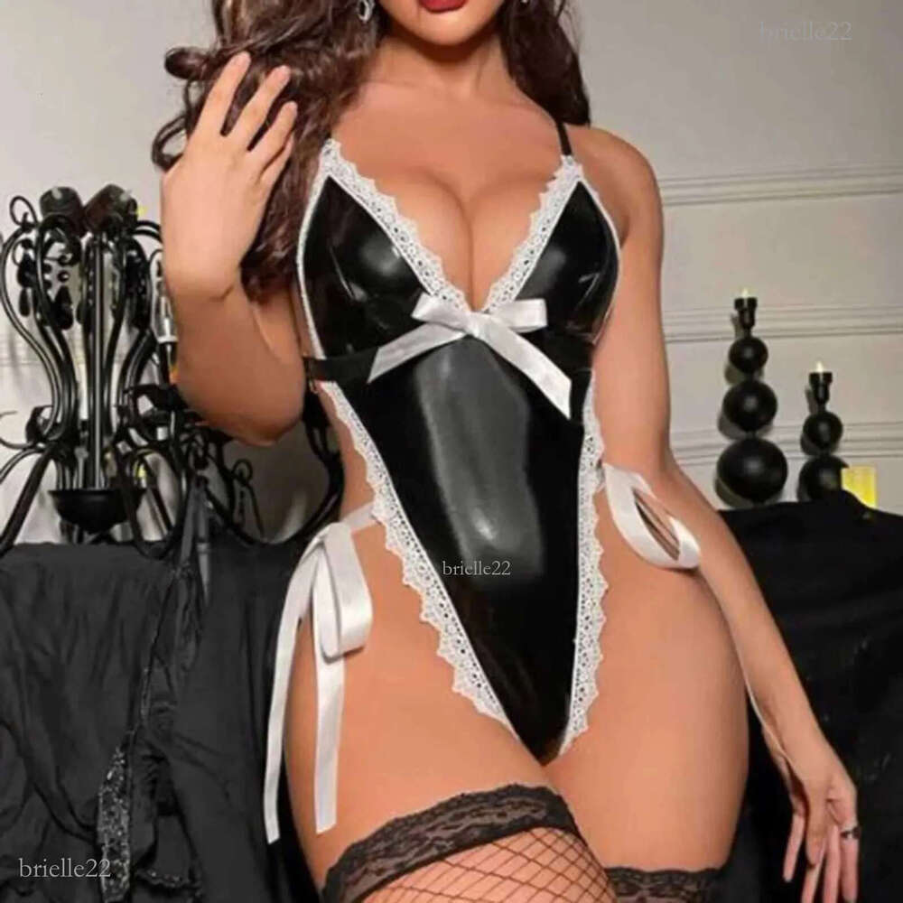 Women's Sleepwear Women Sexy Lingerie Maid Underwear Cosplay Come PU Leather Bodysuit Servant Hot Babydoll Dress Uniform Erotic Role Play Y240426