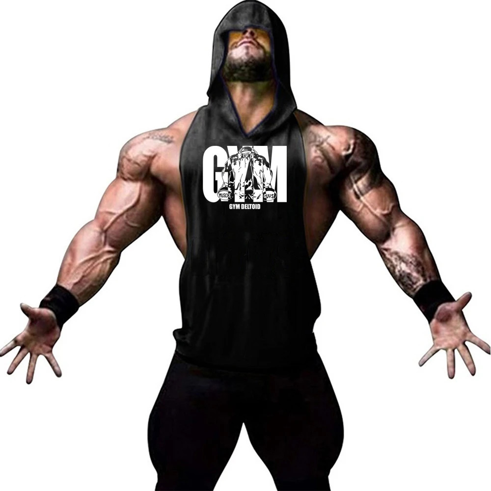 Hooded Summer Fitness Tank Mens Gym Clothing Shirt Slim fit Top Cotton Single Shoulder Strap Muscle 250322