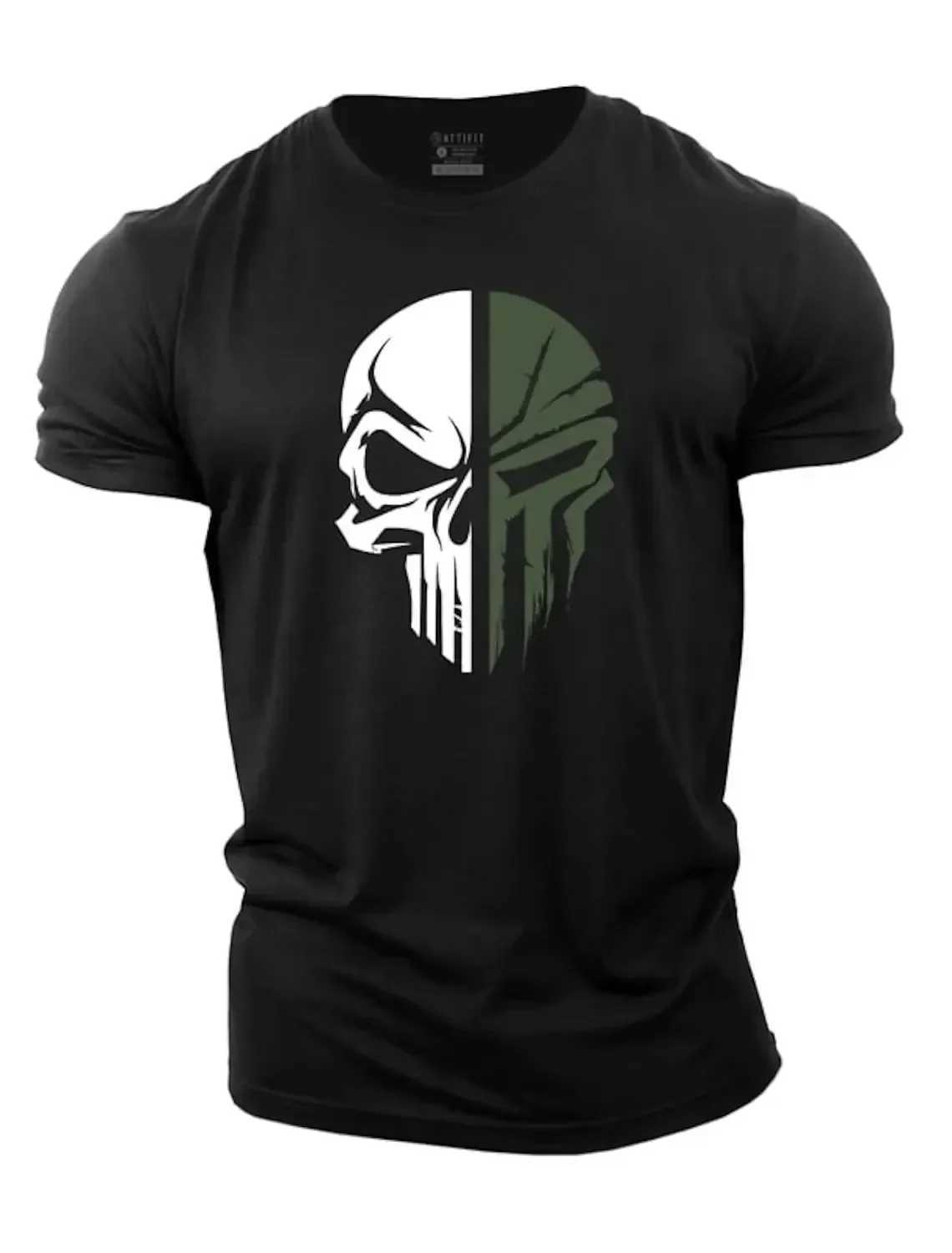 Cotton mens T-shirt printed military skull T-shirt oversized gym short sleeved sweatshirt mens clothing sports top W250329