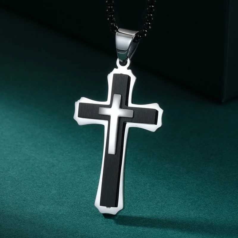 Creative Mens Double Stainless Steel Cross Necklace Hip Hop Necklace Mens Stainless Steel Jewelry Halloween Party Gift Y250329