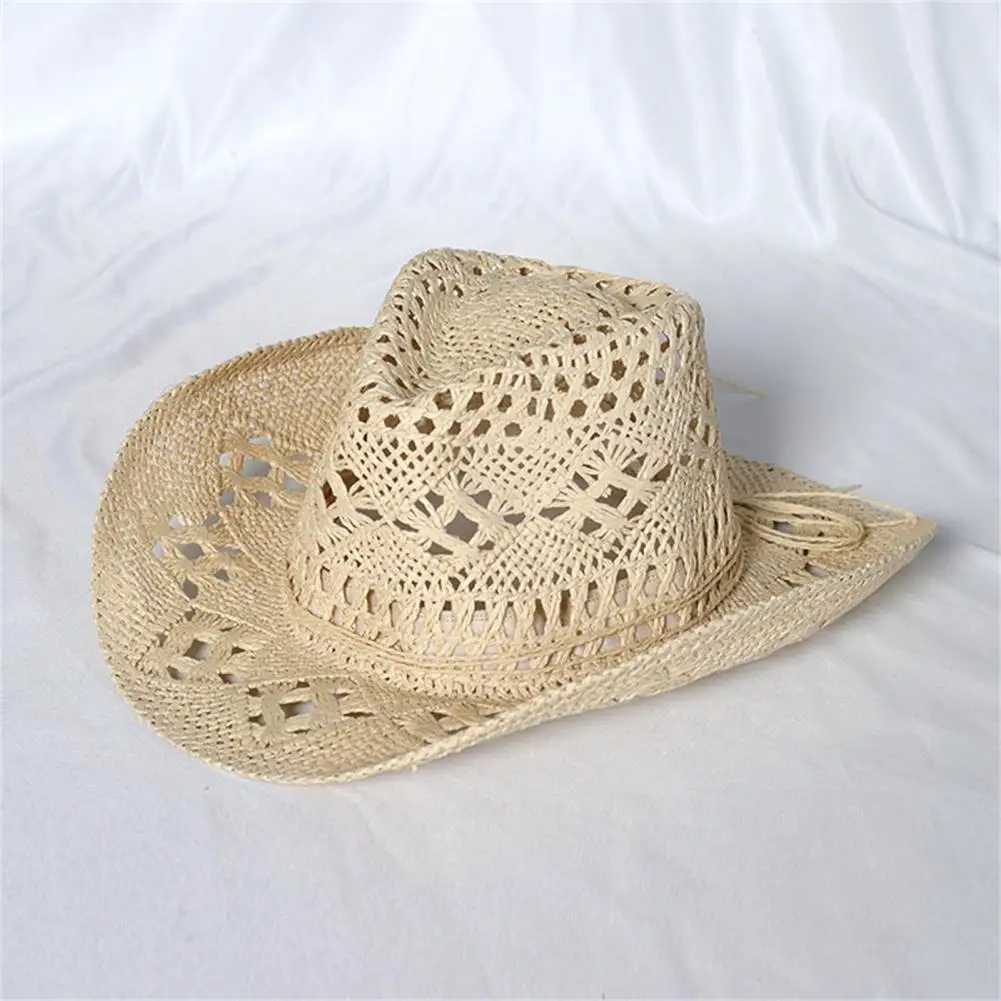 Hollow Out Floppy Straw Hat Vintage Western Cowboy Hat For Mens Gentleman Lady Jazz Hat Cowgirl Sun Cap Beach Hat Church Cap X250329
