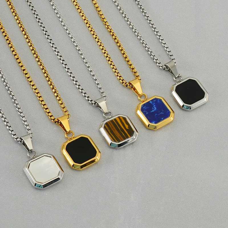 Fashion stainless steel hip-hop chain turquoise square necklace for men and women bulk sales Y250329