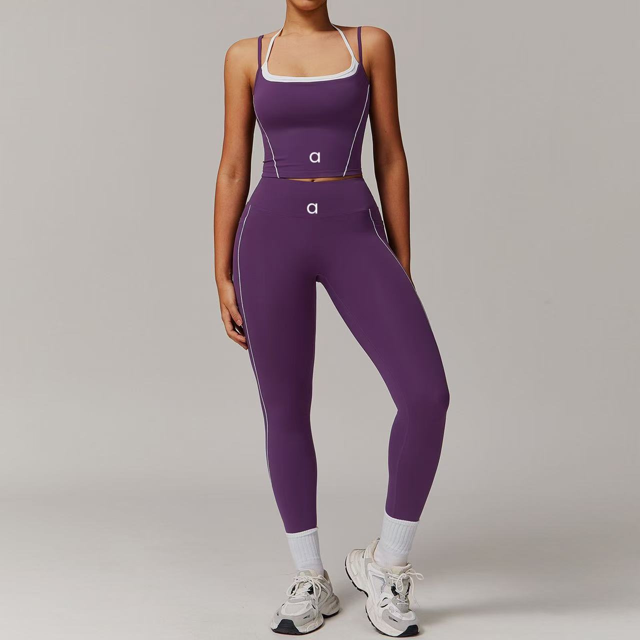 2025--Women Yoga Two-piece Set Short Running Tank Top+ Long Pant Shorts Solid Color Sports Bra With Fitness