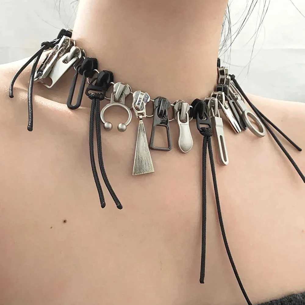 Cyber Punk Zipper Necklace Fringe Chain Y2k Hip Hop Choker Mens Wens Fashion Personty Jewelry AccoriesC250329