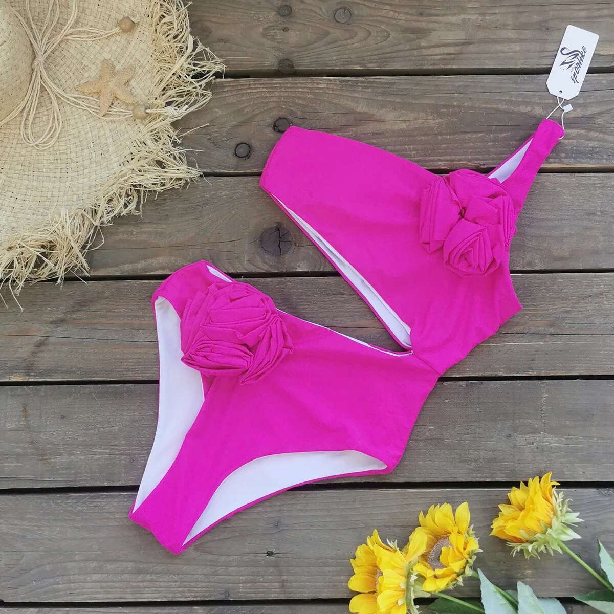 Dongdumaoyi Vintage D Flower Designer Swimwear Women Pink One Shoulder Hollow Backless Tummy Control Piece Swimsuit Bathing Suit