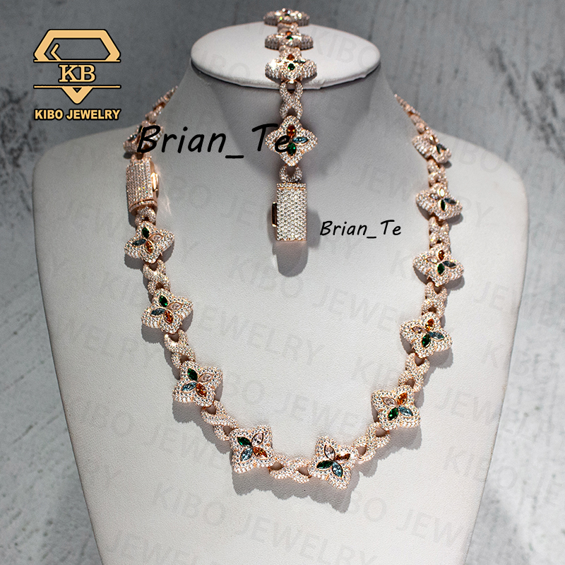 Hip Hop Clover Chains Jewelry VVS Moissanite 925 Silver Rose Gold Plated 22mm Moissanite Iced Out 4 Leaf Cuban Link Chain