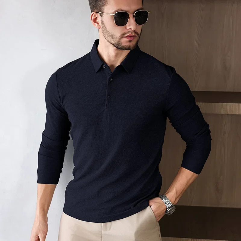 Mens business casual long sleeved solid color polo shirt fashionable breathable and comfortable Versatile top 250327
