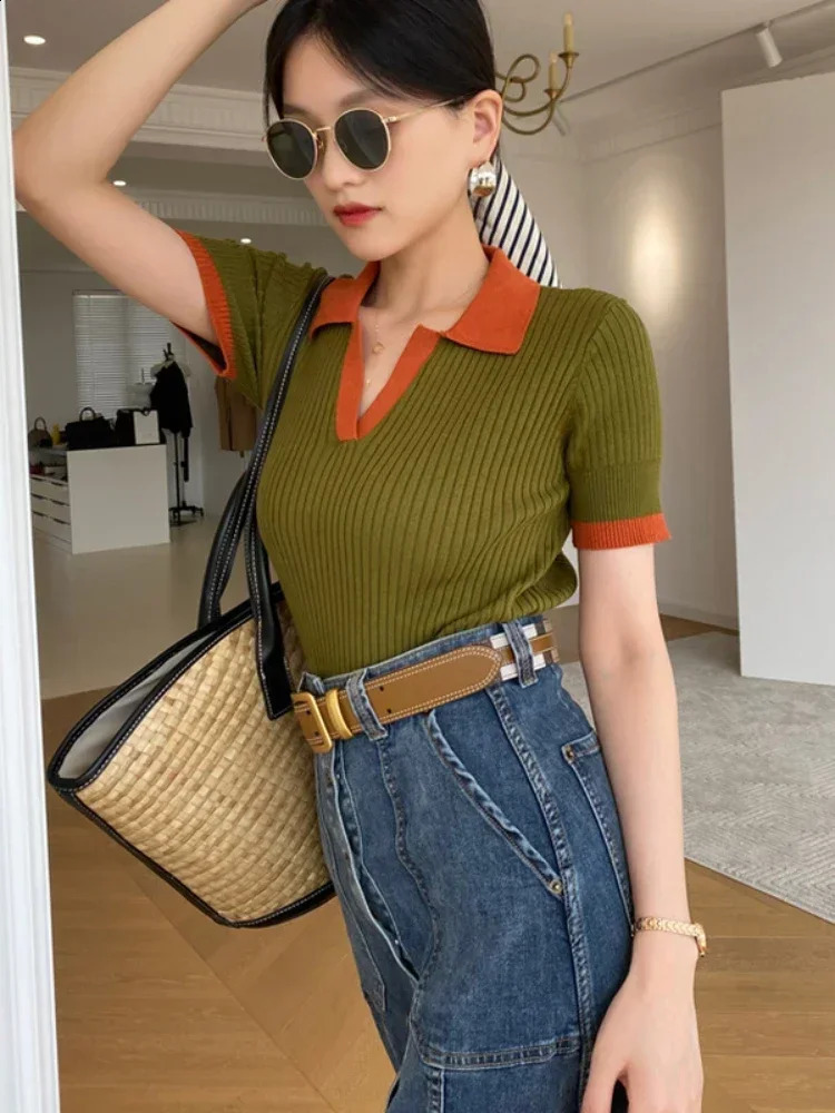 Womens T-shirt Polo Collar Short Sleeve Fashion Blouses 2025 Female Slim Knitted Tee White Skinny Casual Women Summer Tank Top250324