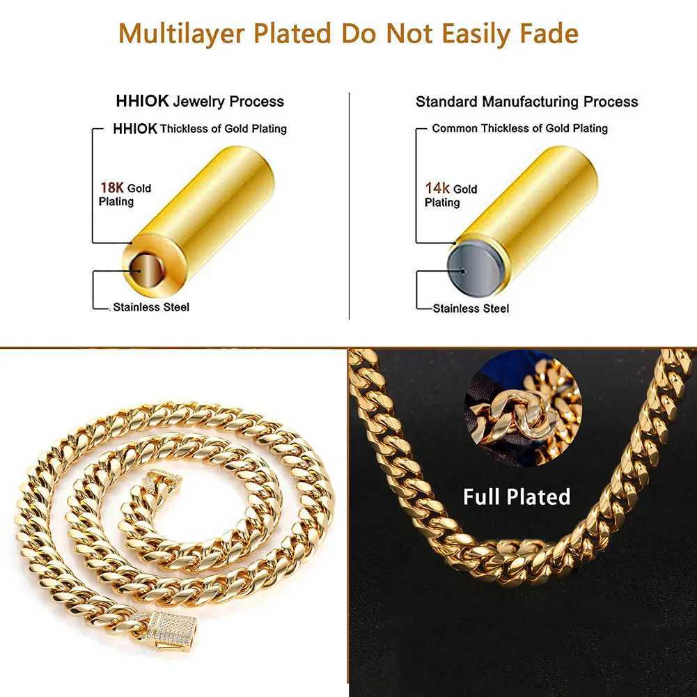 Gold Plated Mens Heavy duty Miami Cuban Chain Necklace with Laboratory Diamond Buckle Stainless Steel Hip Hop Thickness 10mm/12mm Necklace Y250329