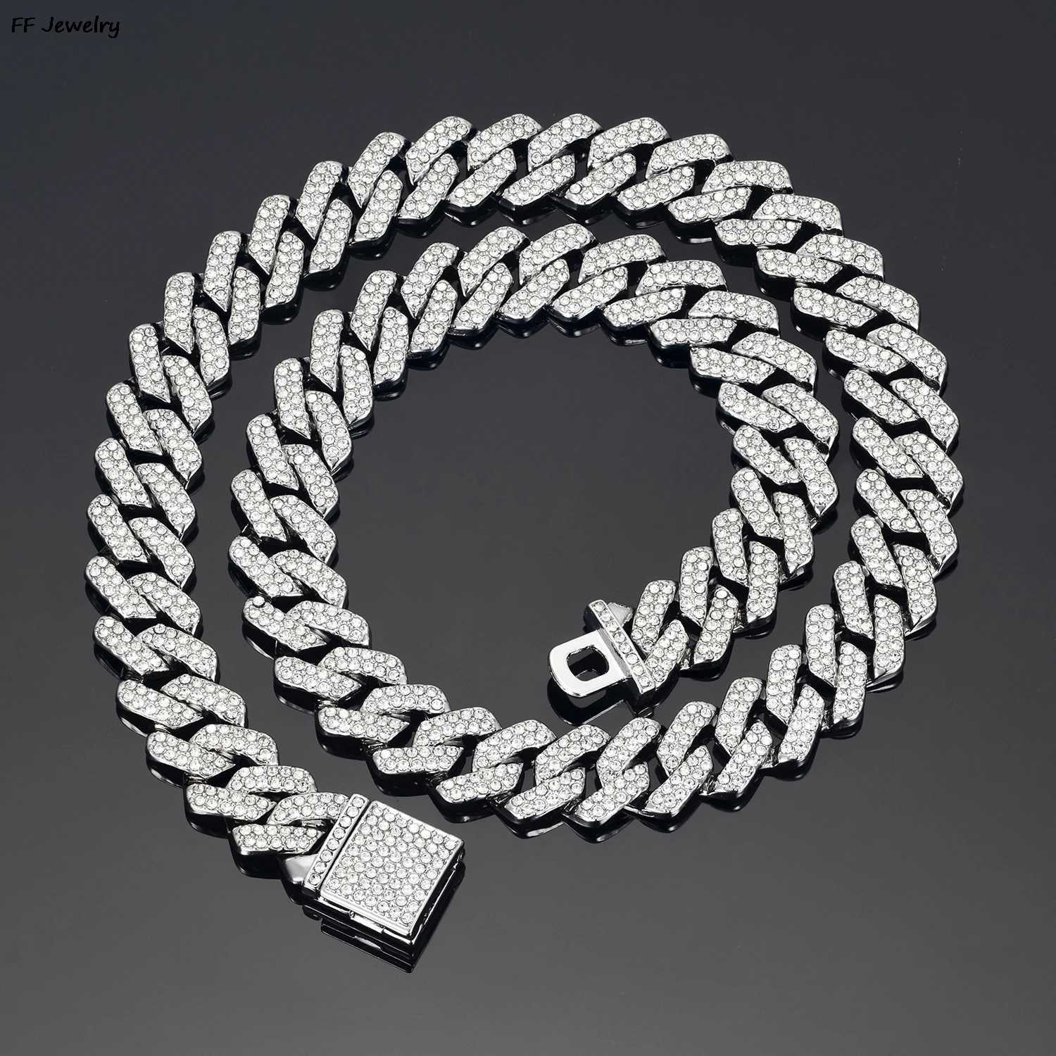 16/18/20/24 inch Cuban Link Chain Hip Hop Ice Out Paris Chain 2 Rows Rhinestone Shop Miami Diamond Cuban Mens Necklace Y250329