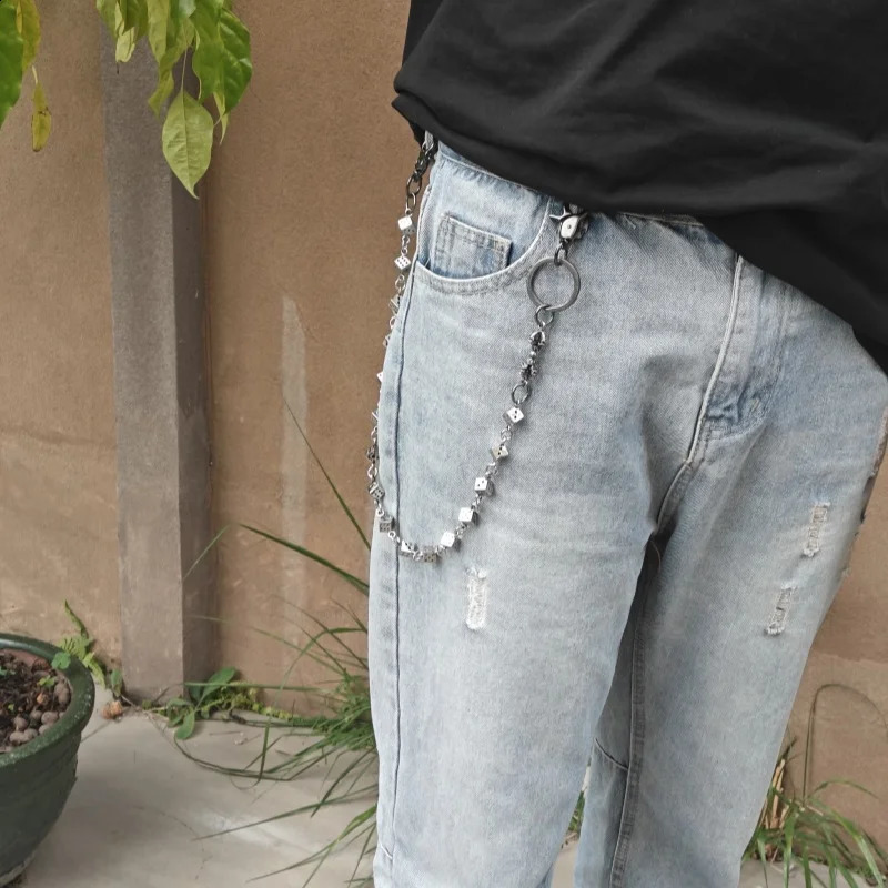 Jin Gangchu Mens Pants Lucky Dice Chain Silver Metal One Waist Retro Keychain y2k Accessories Wholesale 250325