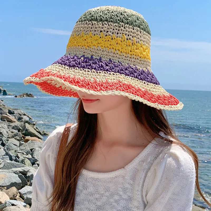 Rainbow straw hat womens summer sun umbrella handmade crochet large Brim bucket hat womens beach sun hat Bohemian girls fashion hatXJ250329
