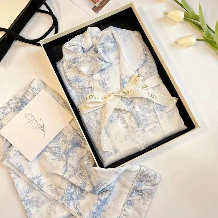 Spring Polo Button Open Woolen Sweater Lounge Set Womens 2-piece Ice Silk Pajamas Womens Fashion Printed Pajamas 250326