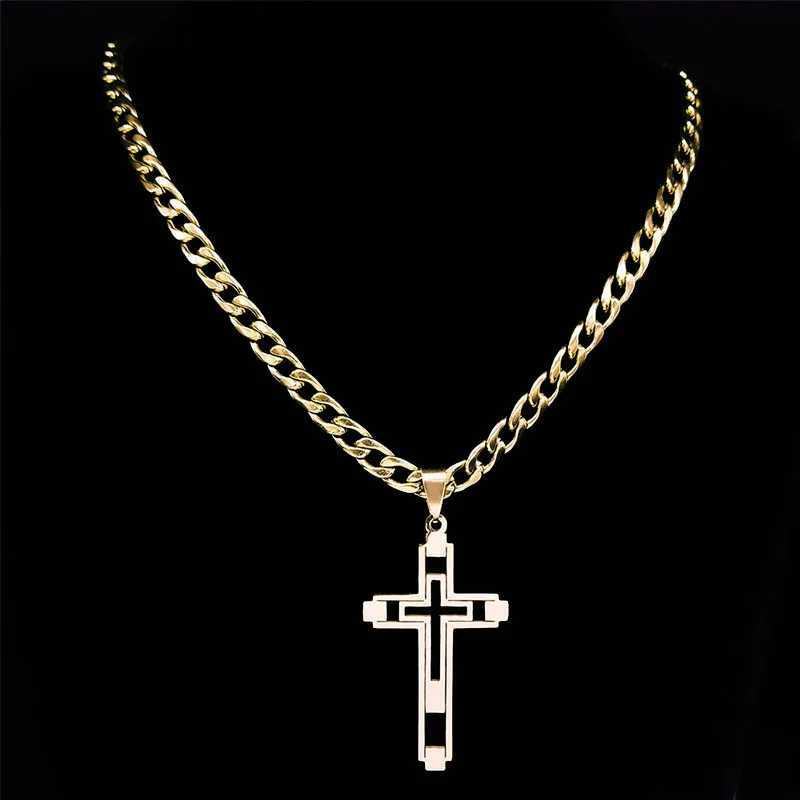 2019 Hip Hop Cross Stainless Steel Chain Necklace Gold Long Pendant Necklace Suitable for Women/Men Jewelry Collar Homme N6055S05 Y250329