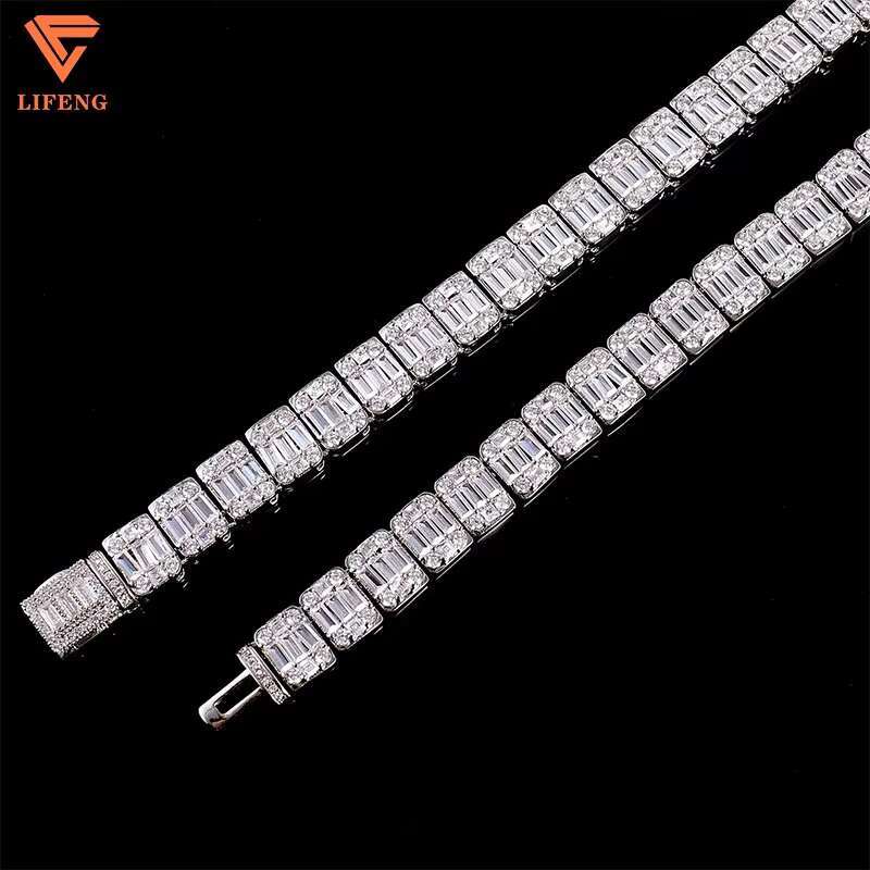 18K Gold Plated 925 Sterling Silver Fashion Tennis Chain Necklace With Emerald Baguette Cut VVS Moissanite Diamond for Men Women