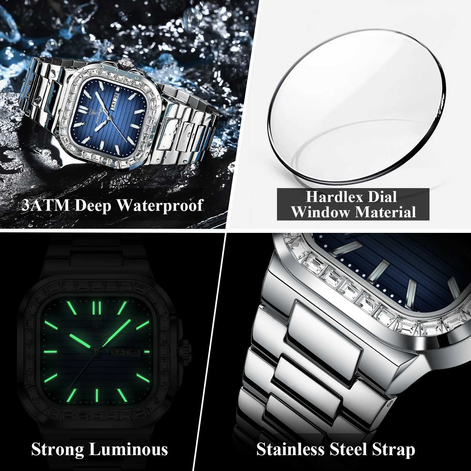 Poedagar Top Brand Luxury Mens Waterproof Luminous Date Week Mens Wrist Stainless Steel Square Quartz Mens Watch W250329