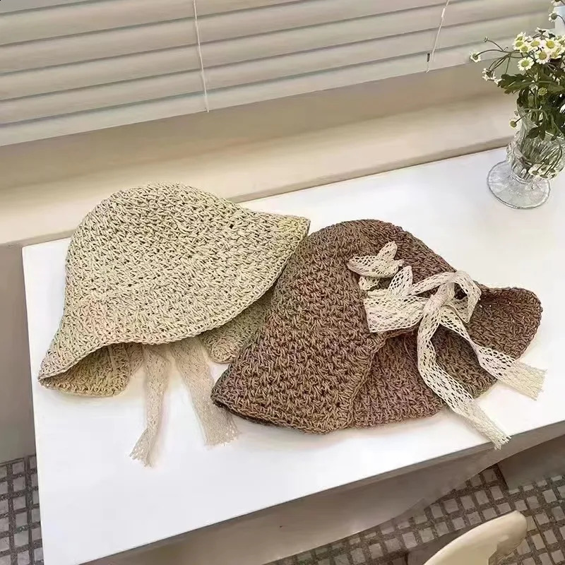 Straw Hat Womens Lace Bow Hollow Crochet Cap Summer Sunshade Sun Hat Fashion Foldable Beach Hat 250321