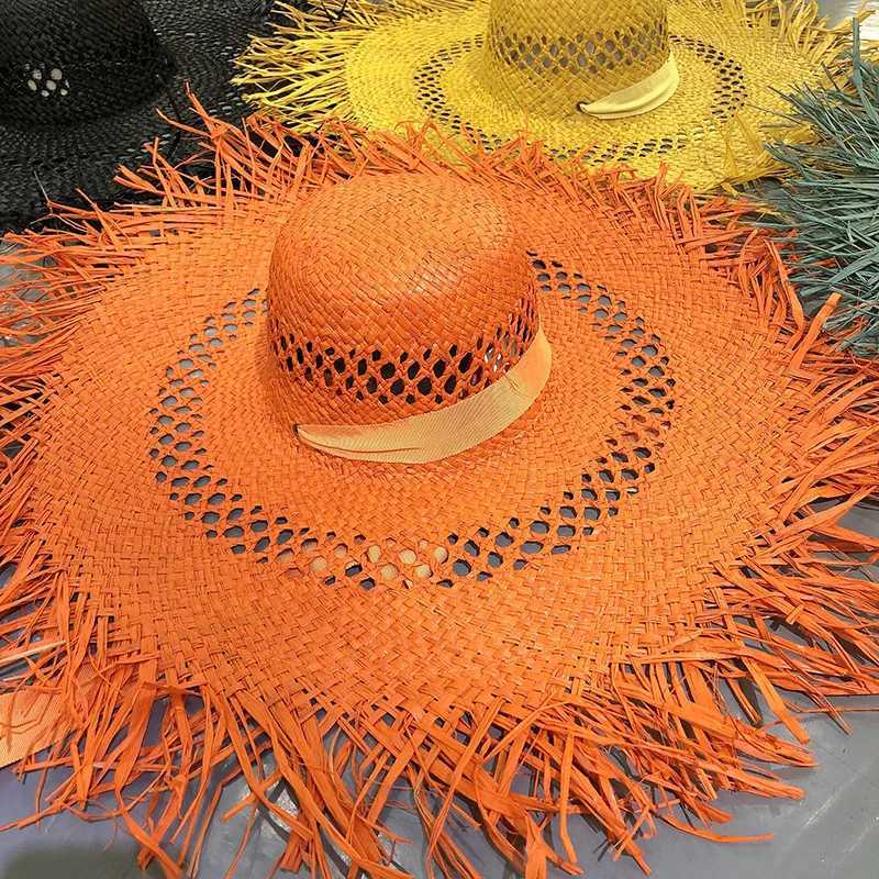 Big Brim Beach Hat For Wen Summer Seaside Raffia Straw Hat Travel Vacation Visor Sun Hat Wens Hat With Colored Raw Edges X250329