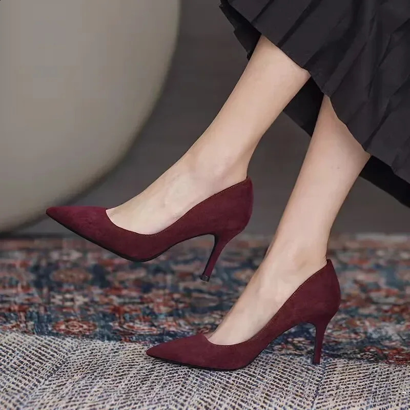 Womens high heels pointed thin high heels pump shoes suede black red blue womens single shoes large size 42 250326
