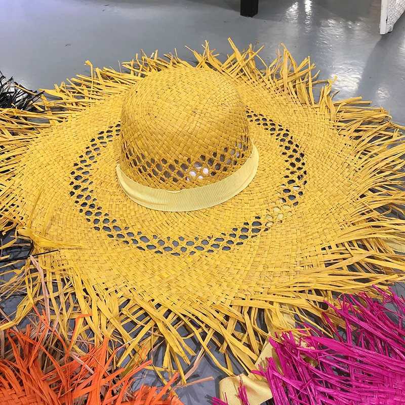 Big Brim Beach Hat For Wen Summer Seaside Raffia Straw Hat Travel Vacation Visor Sun Hat Wens Hat With Colored Raw Edges X250329