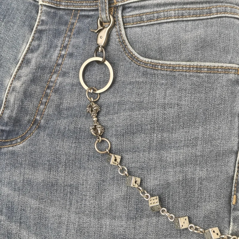 Jin Gangchu Mens Pants Lucky Dice Chain Silver Metal One Waist Retro Keychain y2k Accessories Wholesale 250325
