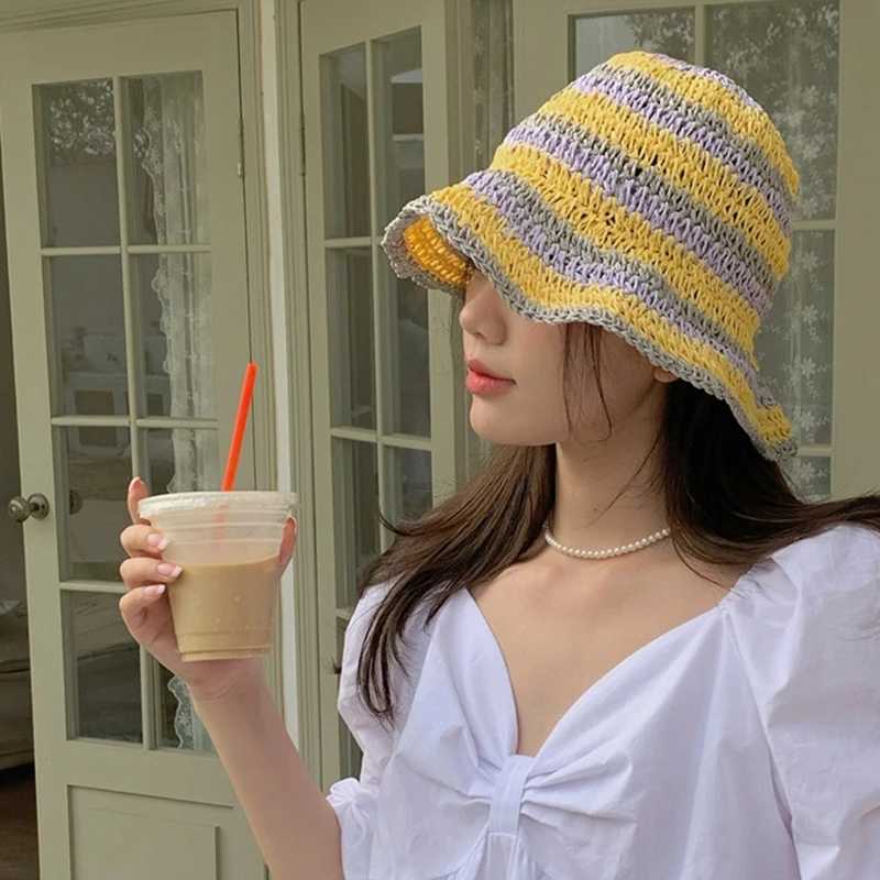 Crochet Flower Bucket Hat for Wan Breathable Mti-color Weaving Wide Brim Bucket Hat Adt Teens Four Seasons Fisherman Cap X250329