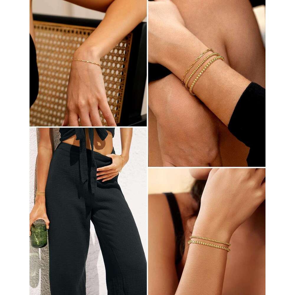 Beaded for Women 14K Plated Gold Stretch Bead Ball Bracelets Hypoallergenic Stackable Bracelet Set