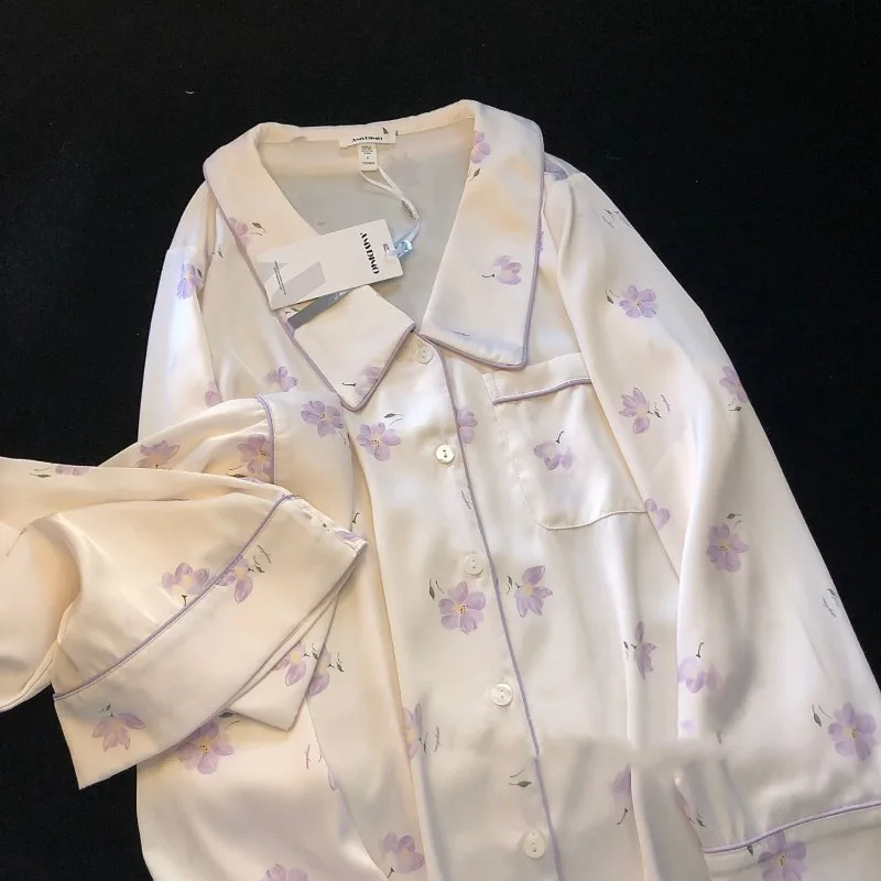 Ice Silk 2-piece Womens Pajamas Autumn Spring Womens Pajama Set Elegant Decorative Flower Home Wear Soft Pajamas 250326