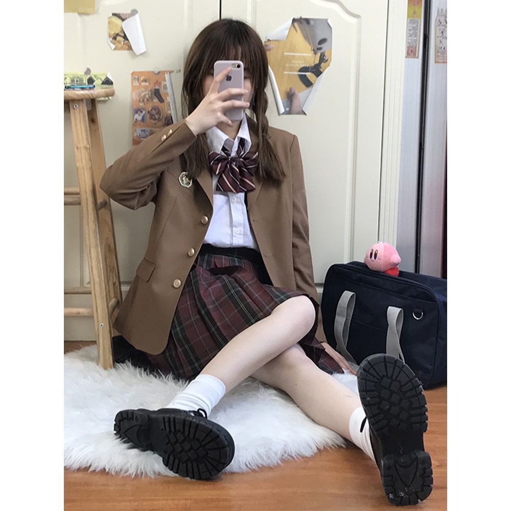 H328College Student Defense Suit Jacket - Elegant Dark Blue JK Outfit for Women